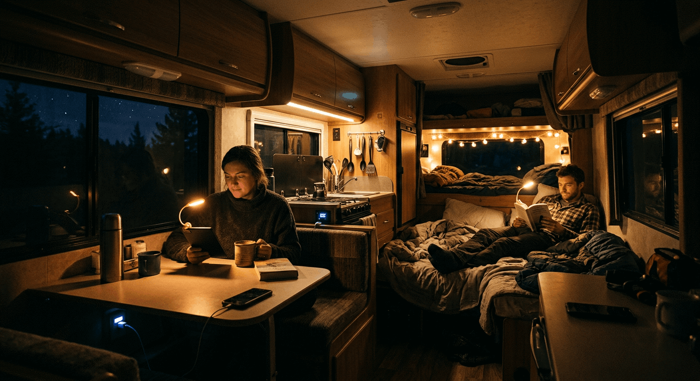 RV interior at night running on battery power
