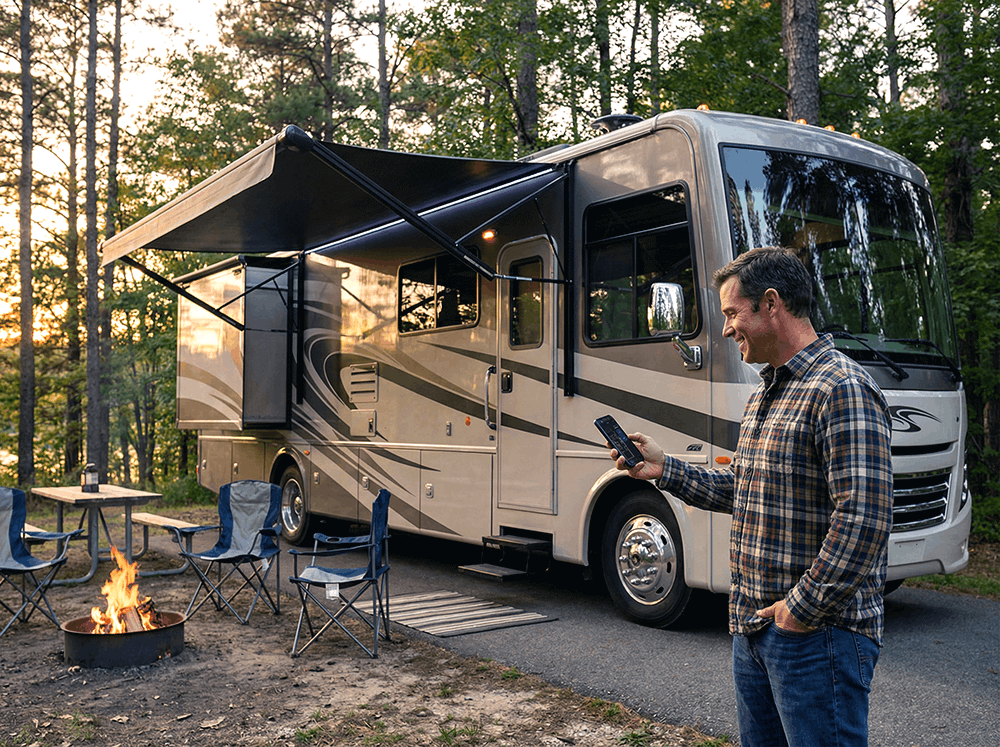 RV parked at a sampsite with an owern holding a phone to control is awining.