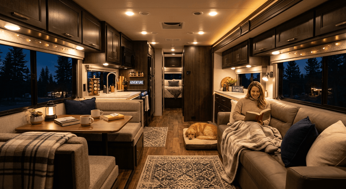 RV interior lights turned on at night for comfortable camping