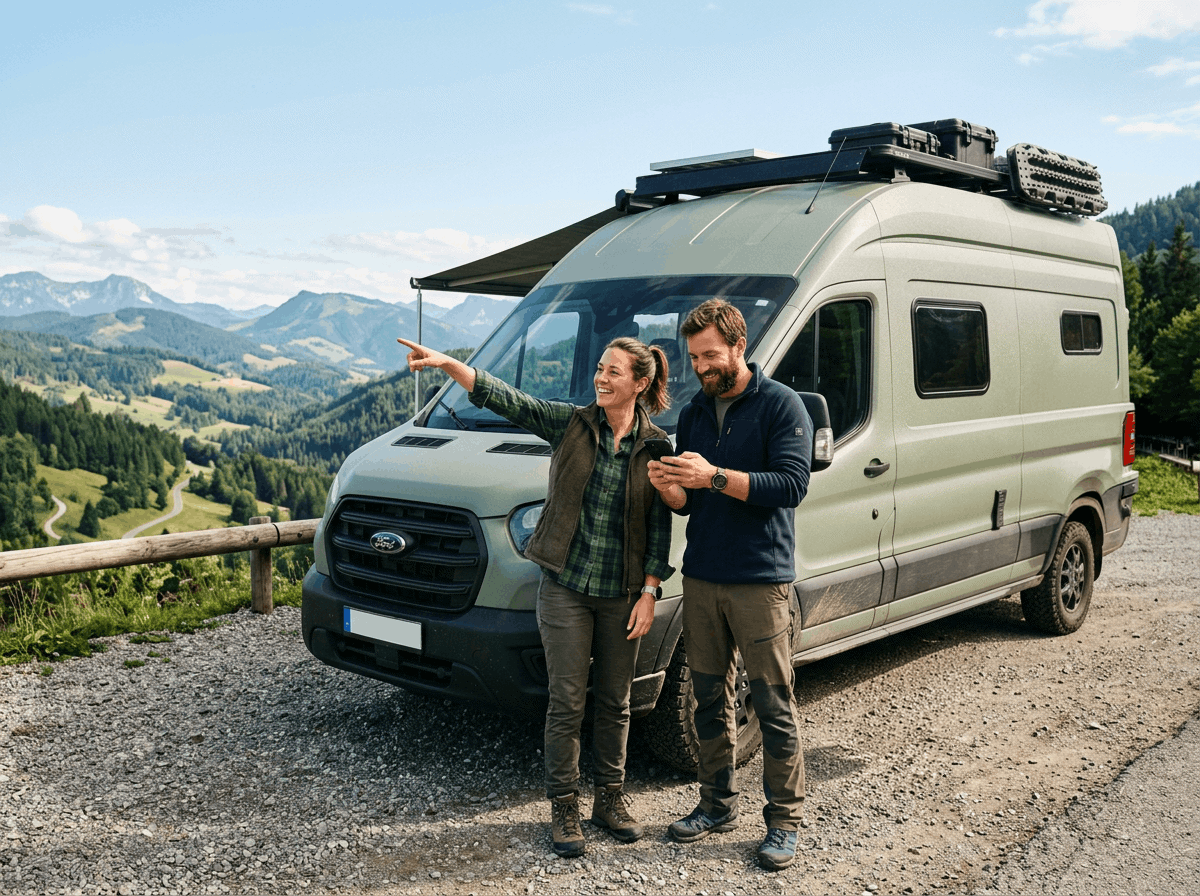 Couple outside with their Class-B RV parked alongside a scenic mountain-side road.
