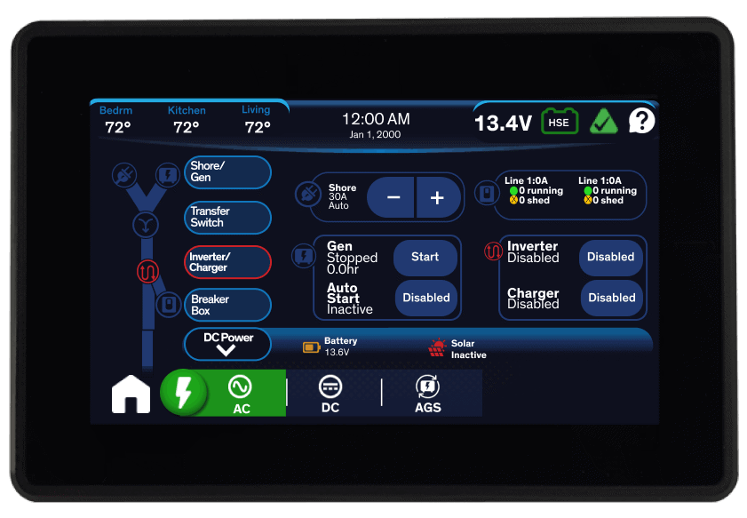 A Firefly touch screen showcasing energy flow and options