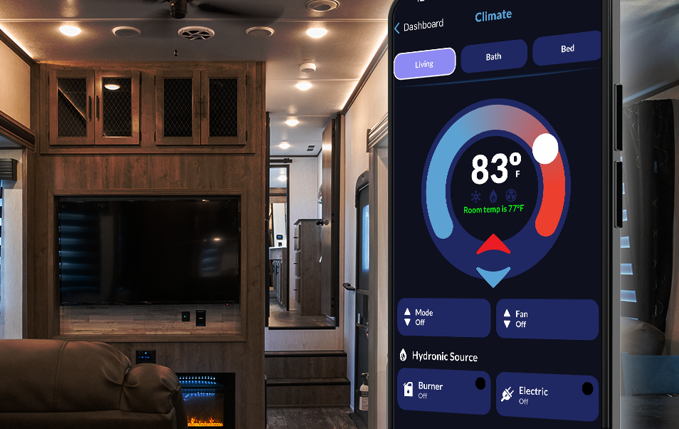 A warm interior showing the RV+ mobile app climate screen
