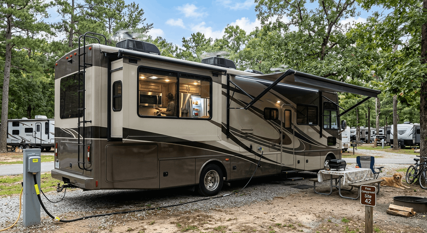 RV on a sunny day at a campground, plugged-in to shore power