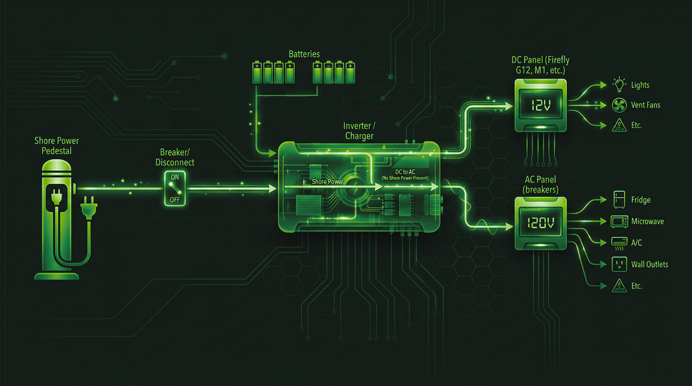Simple RV power sources illustration showing battery and shore power.