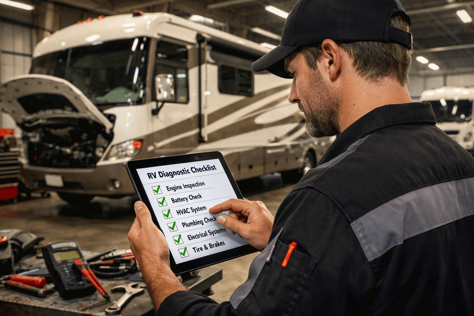 RV service technician reviewing checklist