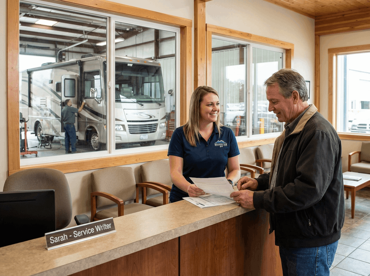 Dealership service writer gathering structured RV symptom details from customer