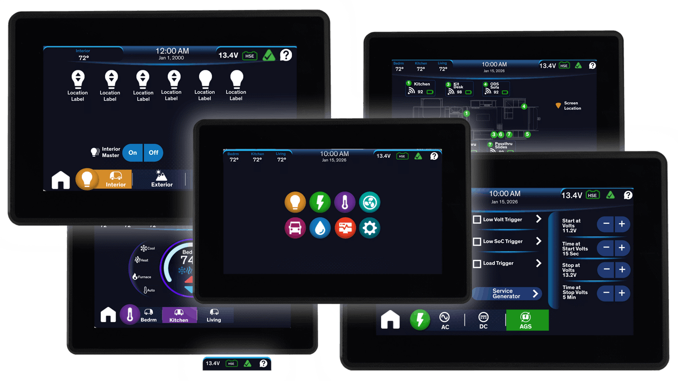 Multiple Firefly touchscreens showcasing the home page, lights page,climate page, electrical page, and coach page.