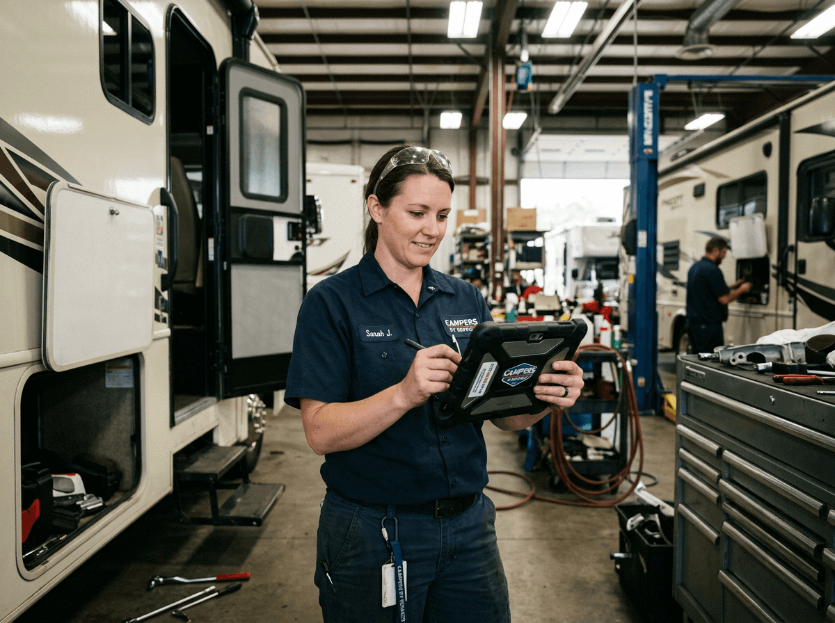RV service technician accessing Firefly documentation on a tablet in a dealership service bay