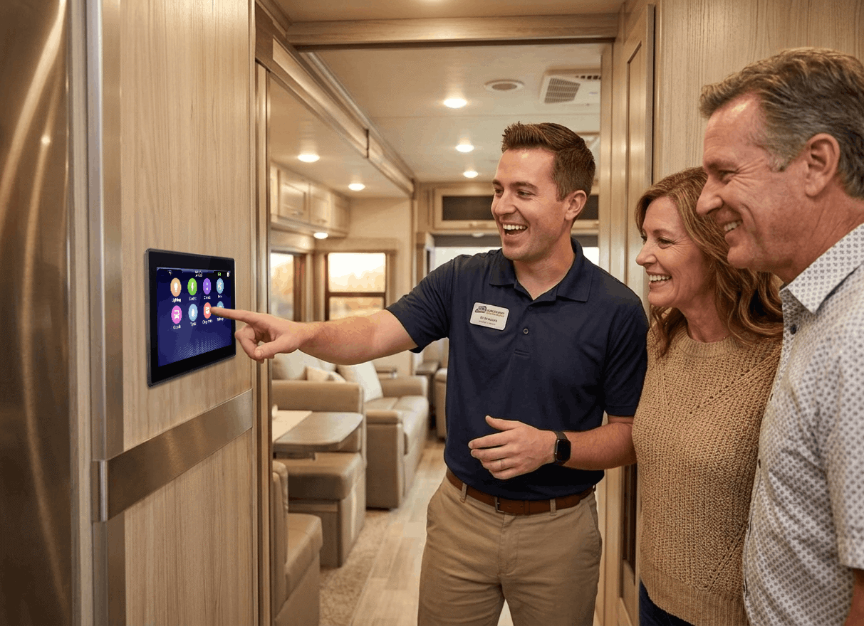 an RV sales person pointing to and demonstrating a Firefly touchscreen to a couple of prospective buyers