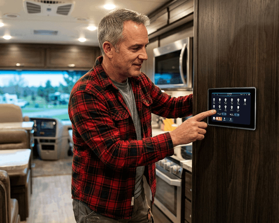 RV owner checking lighting controls for power management.