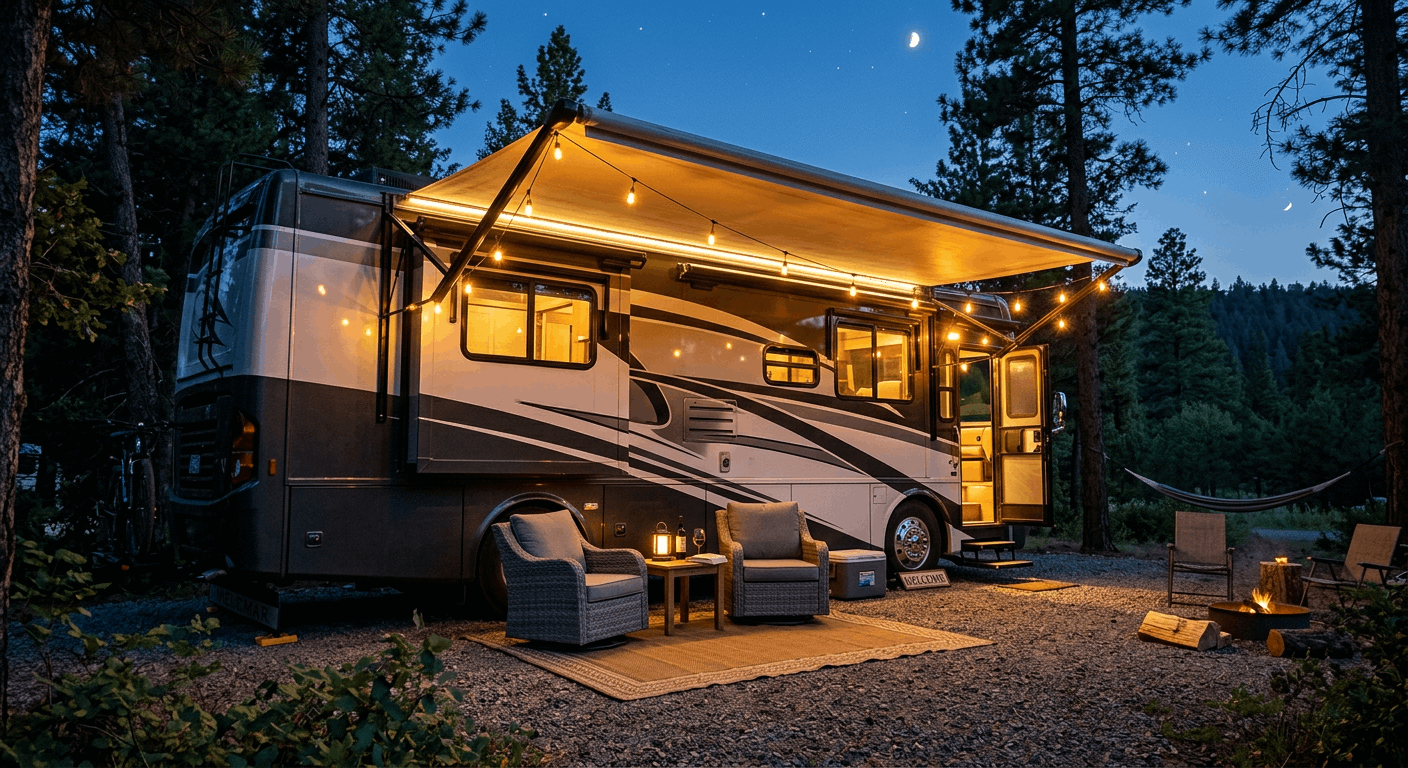 RV exterior and patio lights illuminated at campsite