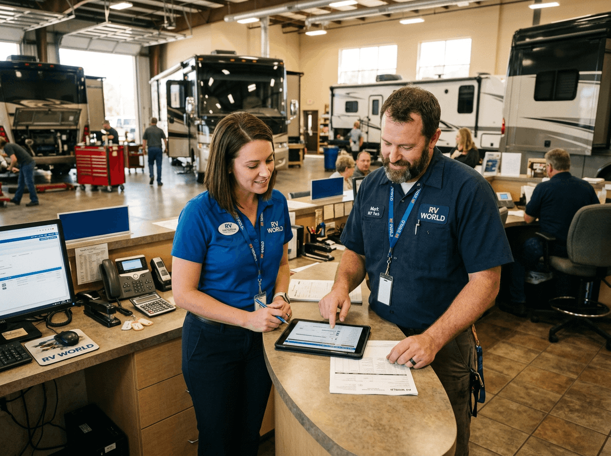 RV dealership service manager and technician reviewing a service order before peak season