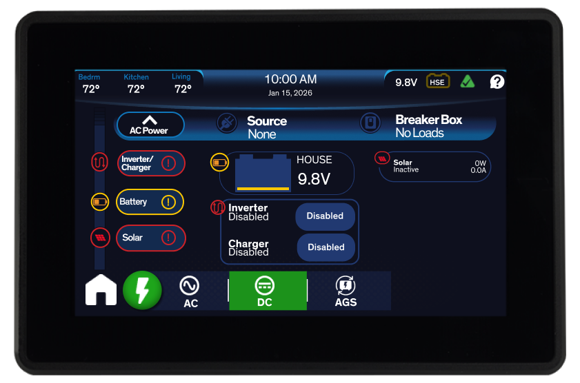 RV battery levels displayed on a Firefly touchscreen