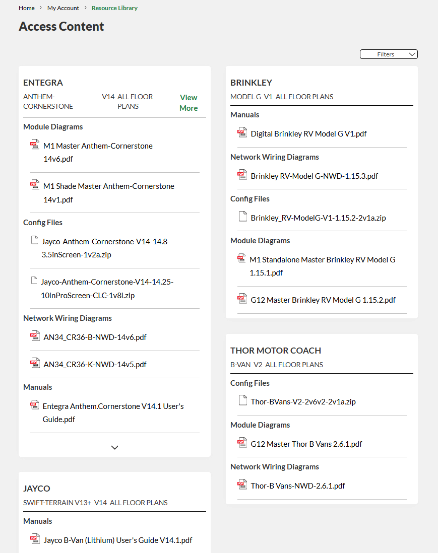 Firefly Pro Account Resource Library showing vehicle-specific documentation for RV service technicians