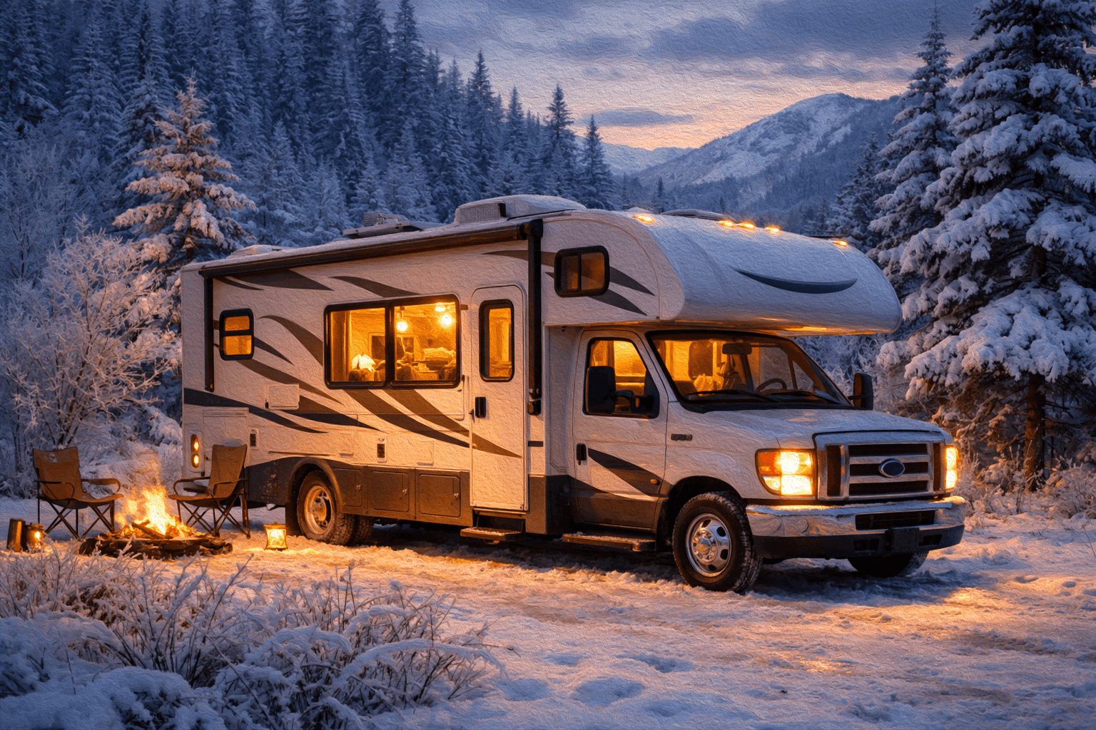 RV parked in a frosty or winter landscape with warm interior lighting